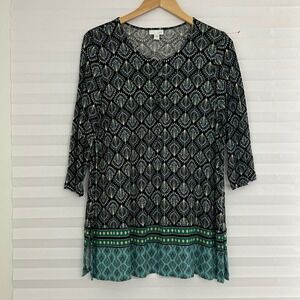 J. Jill Petite Large Peacock Print Henley Tunic Top Teal Black 3/4 Sleeve Rayon